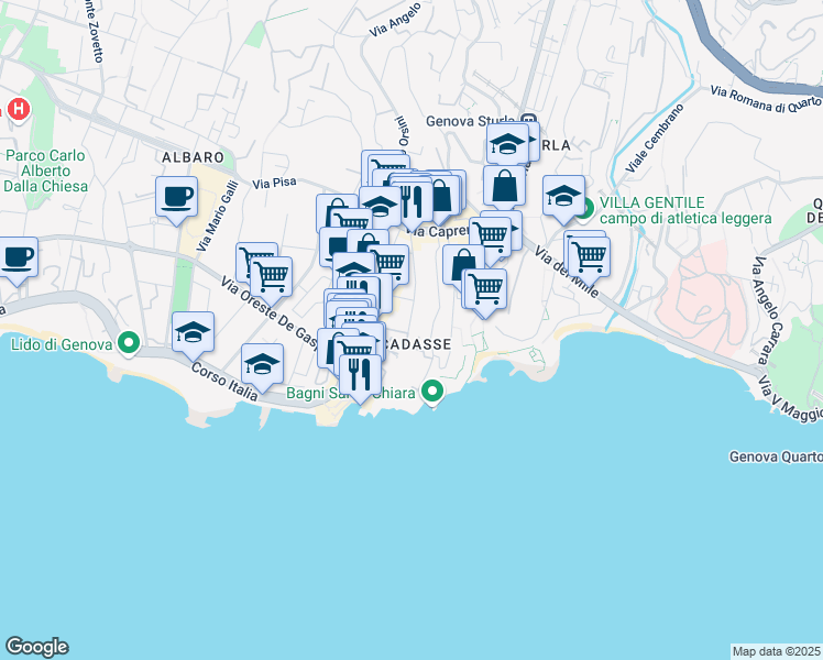 map of restaurants, bars, coffee shops, grocery stores, and more near 12 Via al Capo di Santa Chiara in Genova