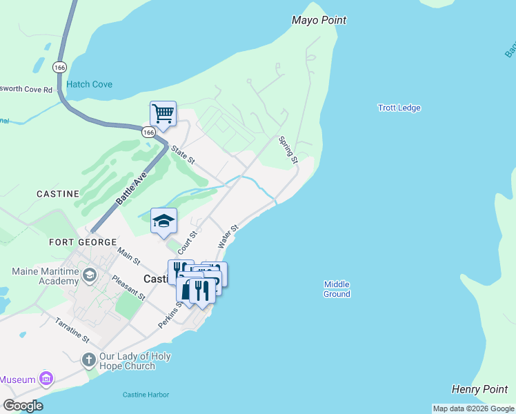 map of restaurants, bars, coffee shops, grocery stores, and more near 108 Water Street in Castine