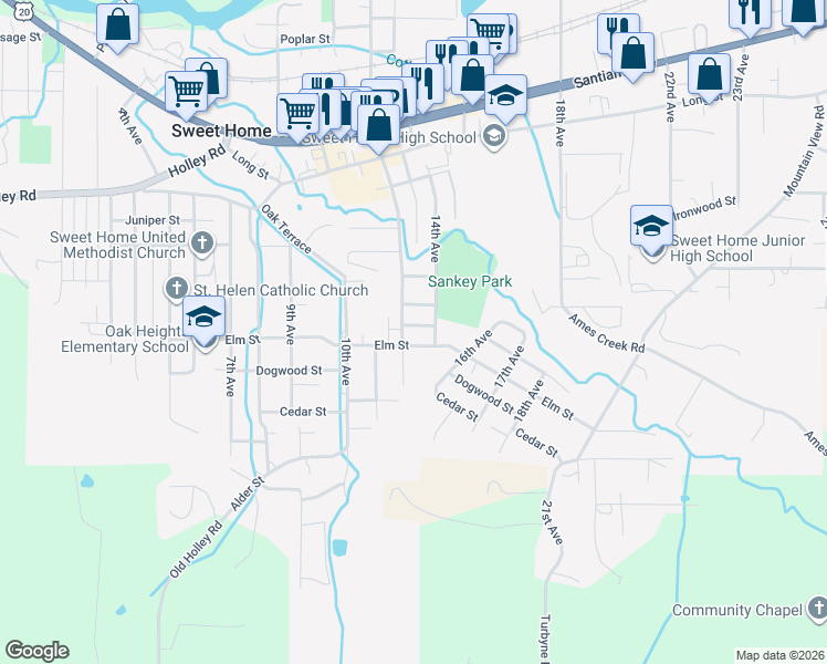 map of restaurants, bars, coffee shops, grocery stores, and more near 1345 Grape Street in Sweet Home
