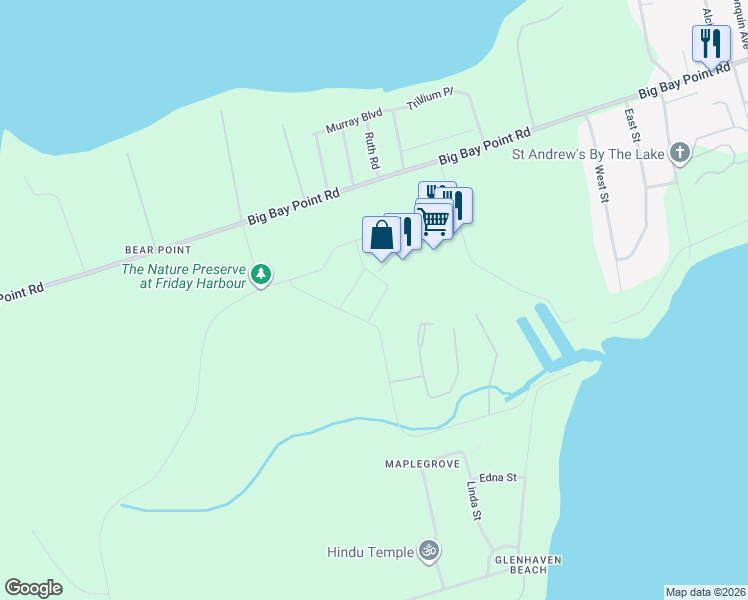 map of restaurants, bars, coffee shops, grocery stores, and more near 311 Big Bay Point Road in Innisfil