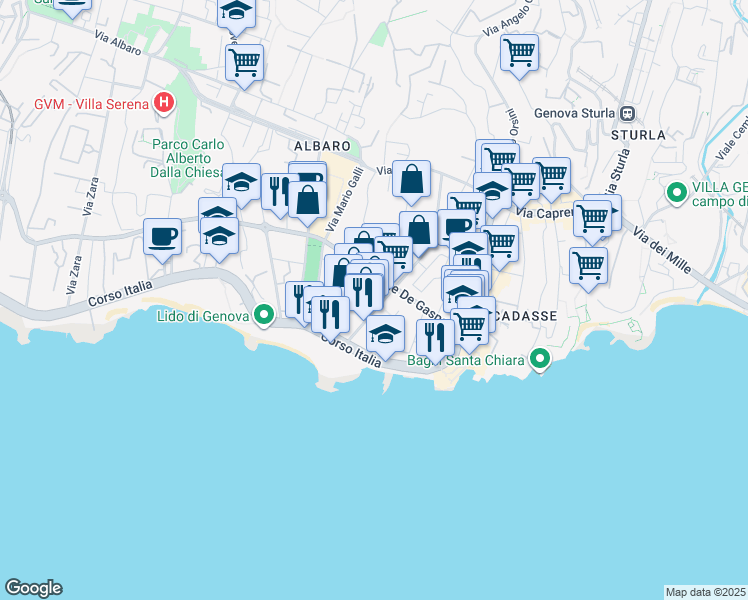 map of restaurants, bars, coffee shops, grocery stores, and more near Via Giacomo Medici del Vascello in Genova