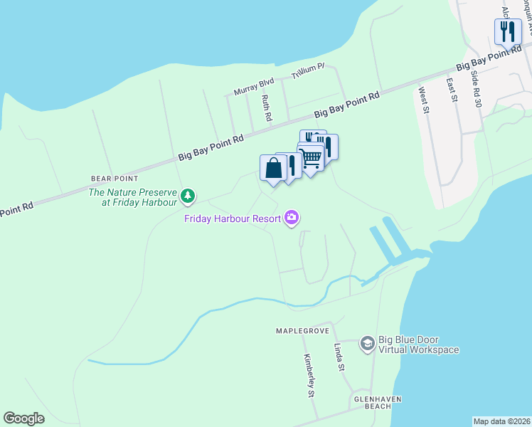 map of restaurants, bars, coffee shops, grocery stores, and more near 311 Big Bay Point Road in Innisfil