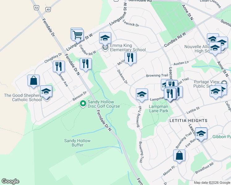 map of restaurants, bars, coffee shops, grocery stores, and more near 49 Burns Circle in Barrie