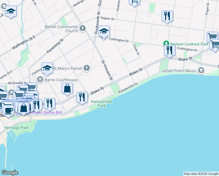 map of restaurants, bars, coffee shops, grocery stores, and more near 55 Blake Street in Barrie