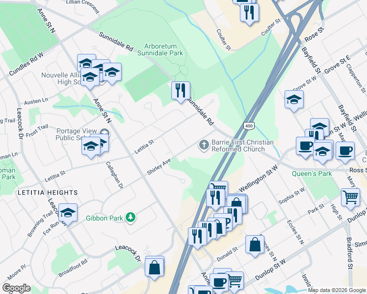 map of restaurants, bars, coffee shops, grocery stores, and more near 50 Shirley Avenue in Barrie