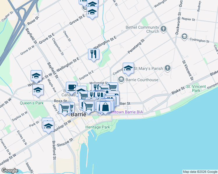 map of restaurants, bars, coffee shops, grocery stores, and more near 78 Mulcaster Street in Barrie