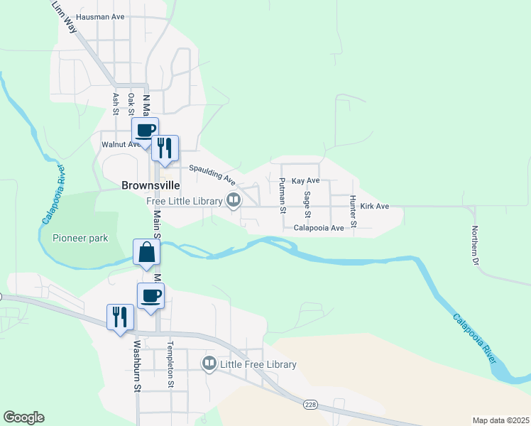 map of restaurants, bars, coffee shops, grocery stores, and more near 402 Kirk Avenue in Brownsville