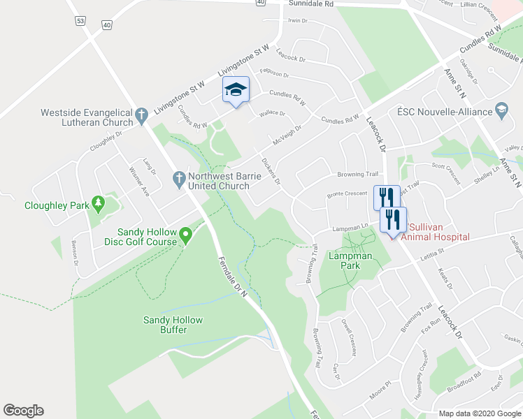 map of restaurants, bars, coffee shops, grocery stores, and more near 45 Burns Circle in Barrie