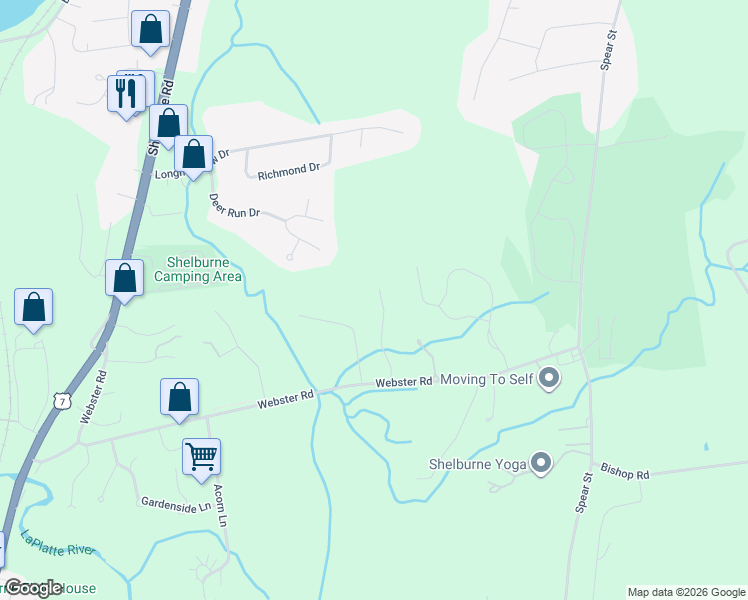 map of restaurants, bars, coffee shops, grocery stores, and more near 183 Stonegate Lane in Shelburne