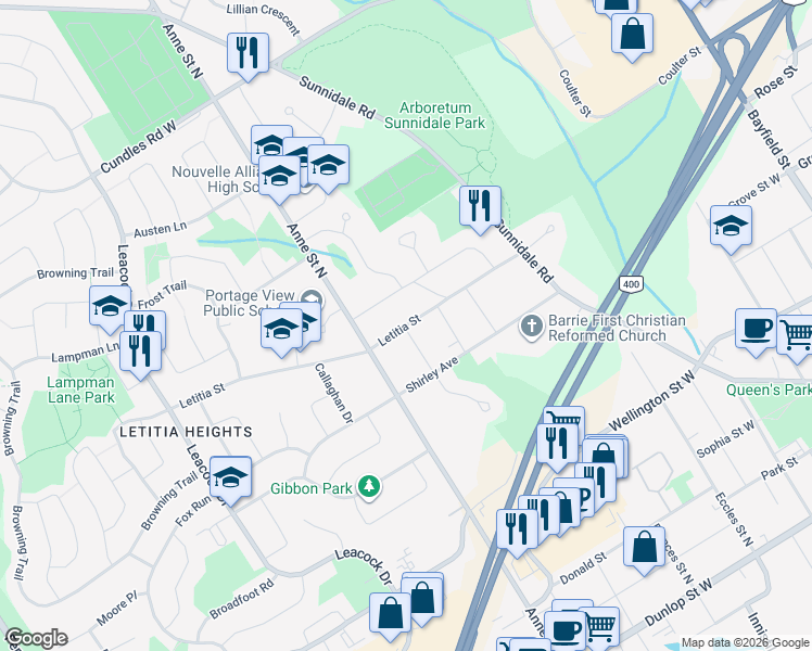 map of restaurants, bars, coffee shops, grocery stores, and more near 70 Letitia St in Barrie