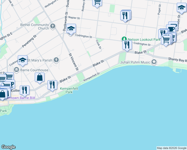 map of restaurants, bars, coffee shops, grocery stores, and more near in Barrie