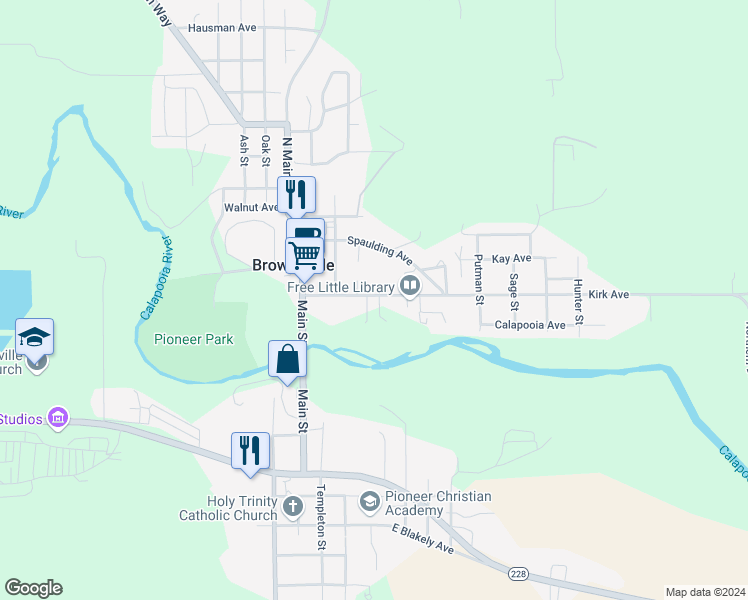 map of restaurants, bars, coffee shops, grocery stores, and more near 320 Kirk Avenue in Brownsville