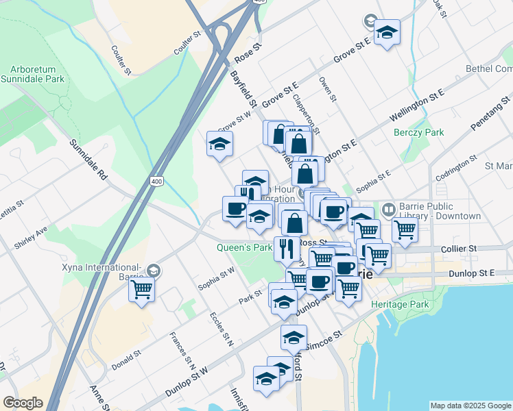 map of restaurants, bars, coffee shops, grocery stores, and more near 147 Toronto Street in Barrie