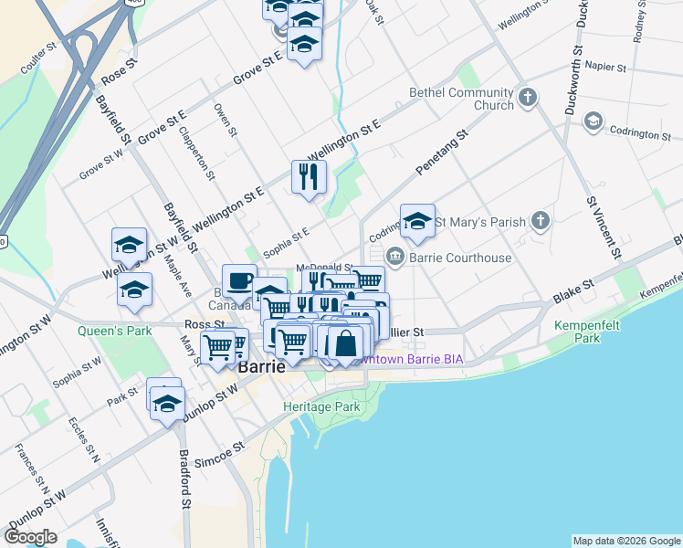 map of restaurants, bars, coffee shops, grocery stores, and more near 67 McDonald Street in Barrie