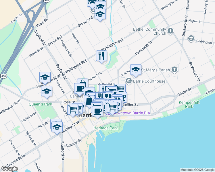 map of restaurants, bars, coffee shops, grocery stores, and more near 57 McDonald Street in Barrie