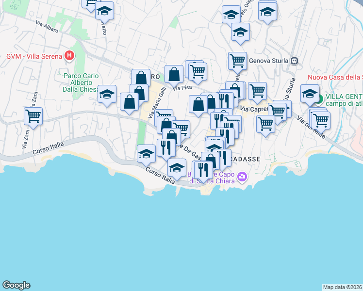map of restaurants, bars, coffee shops, grocery stores, and more near 25 Via Oreste De Gaspari in Genova