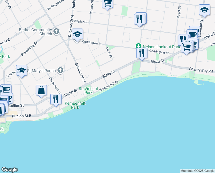 map of restaurants, bars, coffee shops, grocery stores, and more near 169 Kempenfelt Drive in Barrie