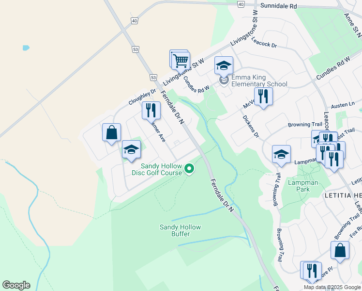 map of restaurants, bars, coffee shops, grocery stores, and more near 11 Horsfield Drive in Barrie
