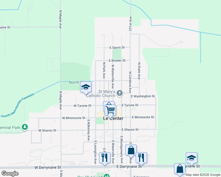 map of restaurants, bars, coffee shops, grocery stores, and more near 240 North Waterville Avenue in Le Center