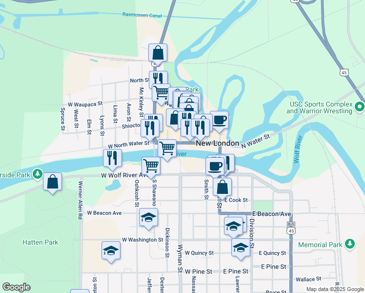 map of restaurants, bars, coffee shops, grocery stores, and more near 324 North Water Street in New London