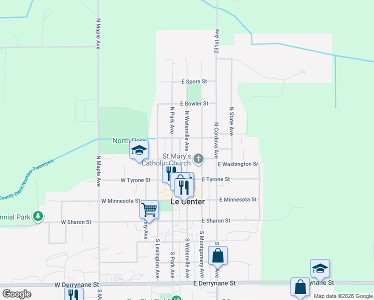 map of restaurants, bars, coffee shops, grocery stores, and more near 240 North Waterville Avenue in Le Center
