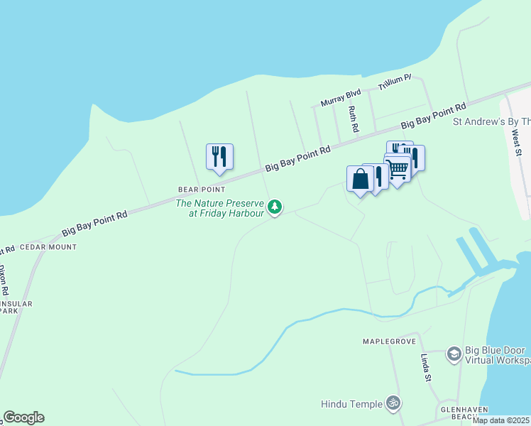 map of restaurants, bars, coffee shops, grocery stores, and more near Sea Ray Avenue in Innisfil