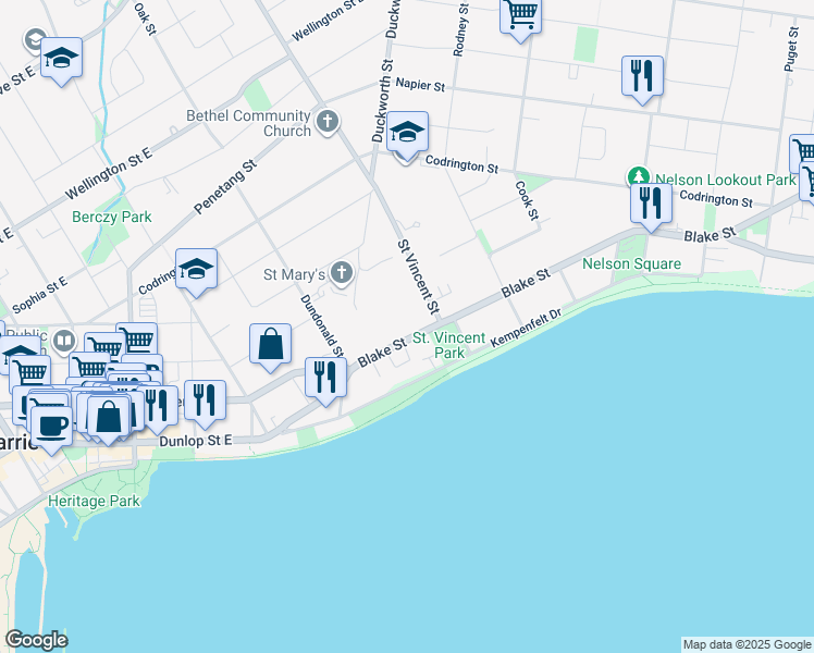 map of restaurants, bars, coffee shops, grocery stores, and more near 48 Blake Street in Barrie