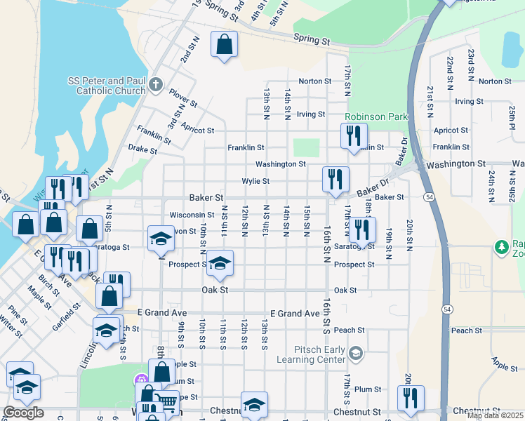 map of restaurants, bars, coffee shops, grocery stores, and more near 511 13th Street North in Wisconsin Rapids