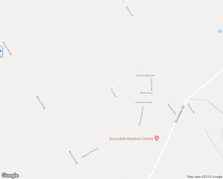 map of restaurants, bars, coffee shops, grocery stores, and more near 100 Trail Boulevard in Simcoe County