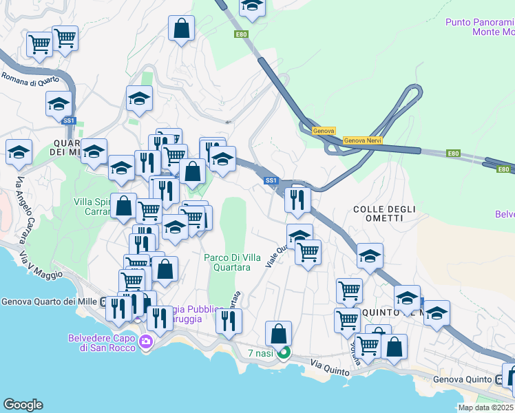 map of restaurants, bars, coffee shops, grocery stores, and more near 19 Via Romana della Castagna in Genova