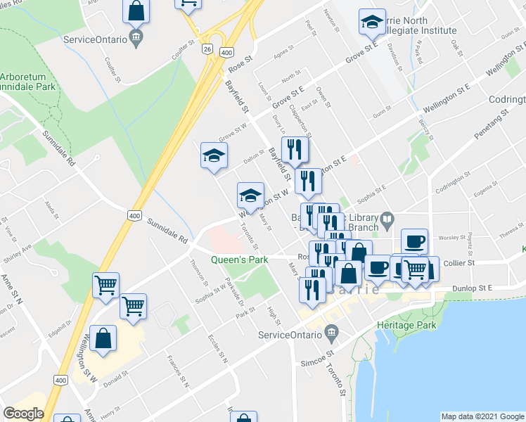 map of restaurants, bars, coffee shops, grocery stores, and more near 23 Wellington Street West in Barrie
