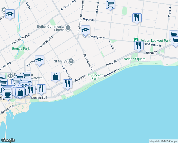 map of restaurants, bars, coffee shops, grocery stores, and more near 58 Blake Street in Barrie
