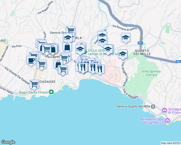 map of restaurants, bars, coffee shops, grocery stores, and more near 49 Via dei Mille in Genoa