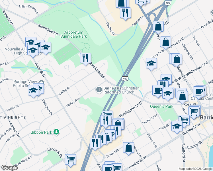 map of restaurants, bars, coffee shops, grocery stores, and more near 96 Sunnidale Road in Barrie