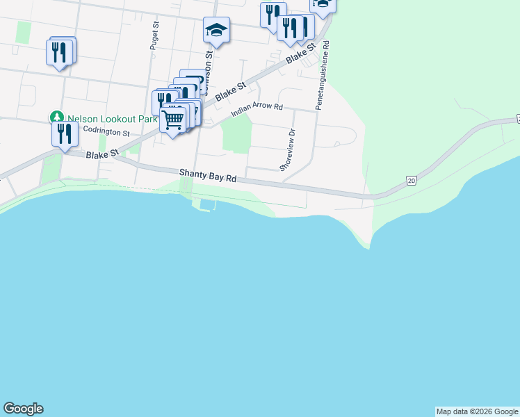 map of restaurants, bars, coffee shops, grocery stores, and more near 151 Shanty Bay Road in Barrie