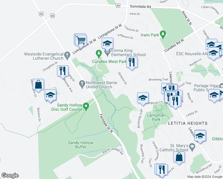 map of restaurants, bars, coffee shops, grocery stores, and more near 85 Burns Circle in Barrie