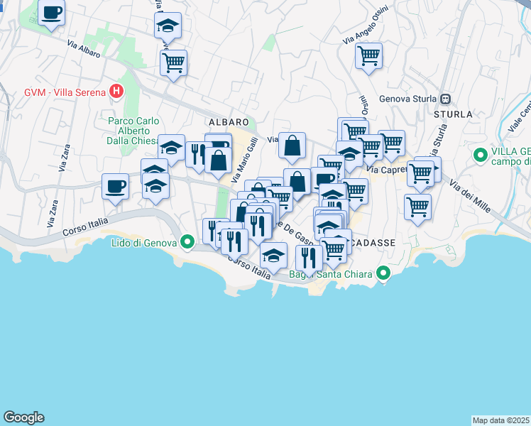 map of restaurants, bars, coffee shops, grocery stores, and more near Via Giacomo Medici del Vascello in Genova