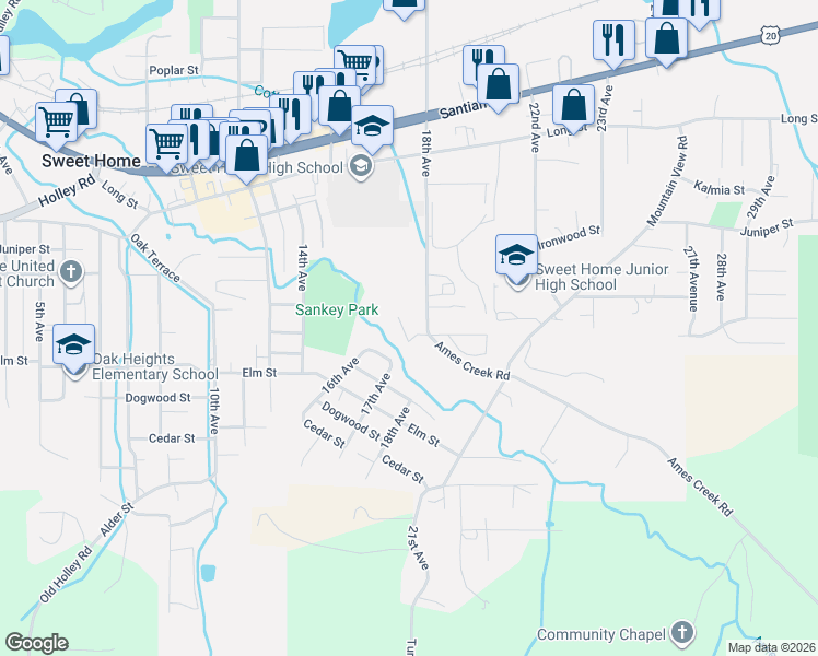 map of restaurants, bars, coffee shops, grocery stores, and more near 1780 Grape Court in Sweet Home