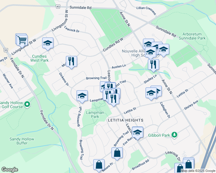 map of restaurants, bars, coffee shops, grocery stores, and more near 450 Leacock Drive in Barrie