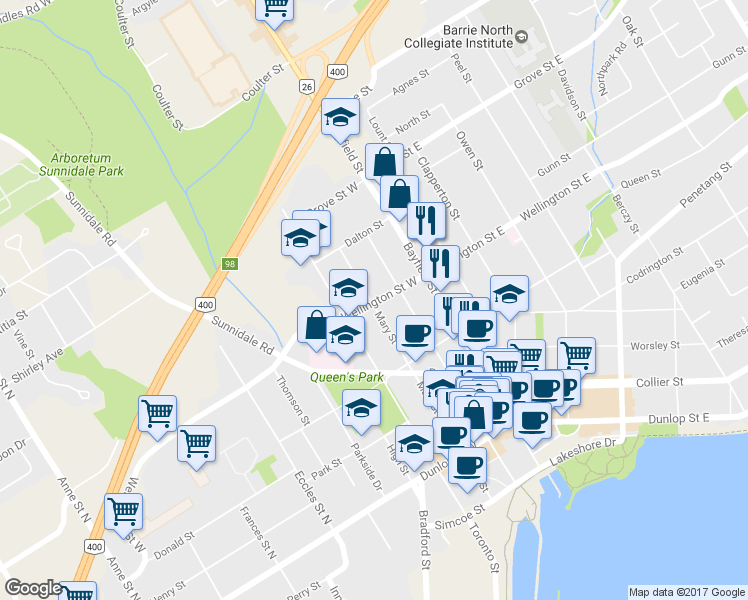 map of restaurants, bars, coffee shops, grocery stores, and more near 147 Toronto Street in Barrie