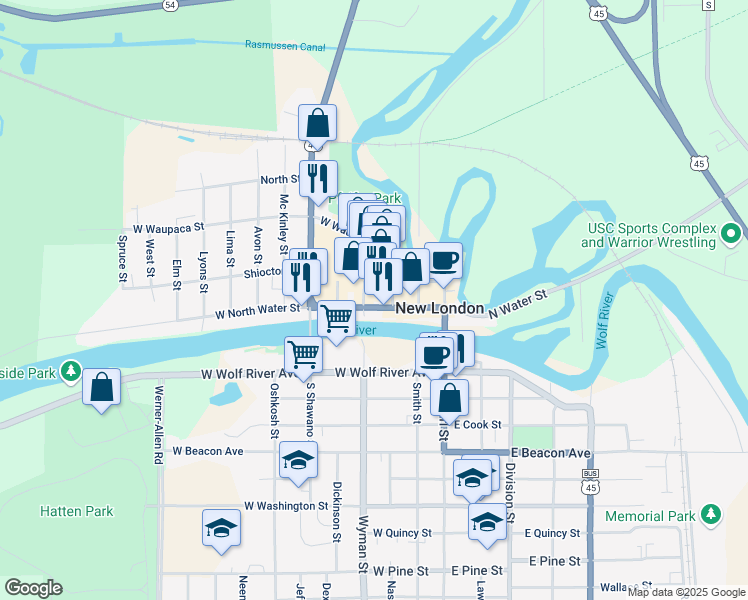 map of restaurants, bars, coffee shops, grocery stores, and more near 324 North Water Street in New London
