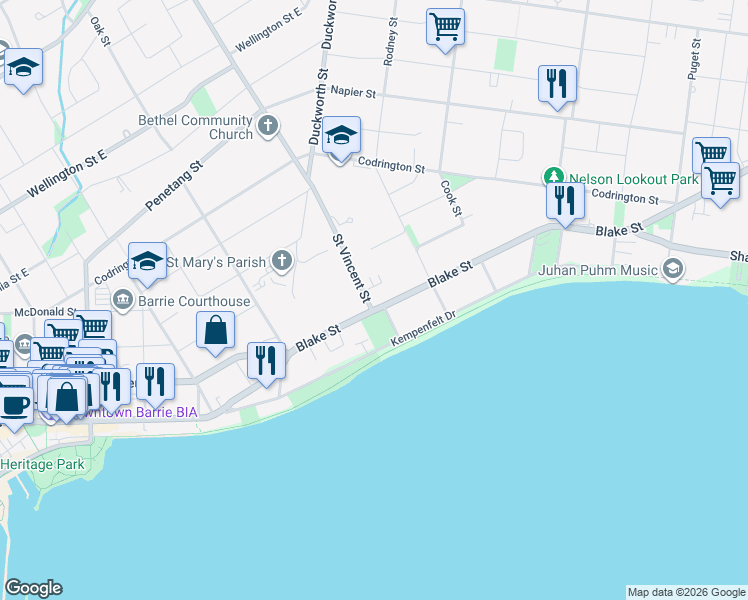 map of restaurants, bars, coffee shops, grocery stores, and more near 68 Blake Street in Barrie