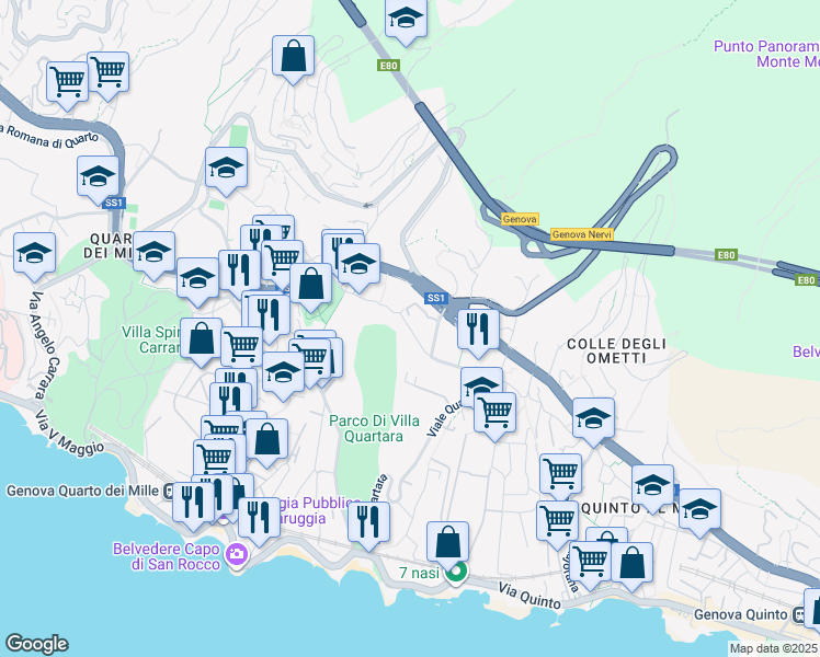 map of restaurants, bars, coffee shops, grocery stores, and more near 19 Via Romana della Castagna in Genova