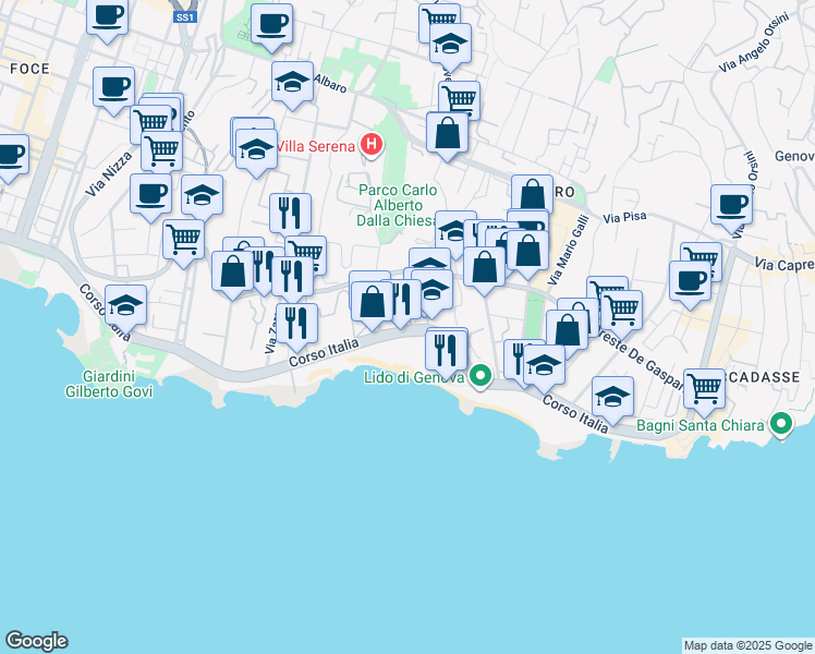 map of restaurants, bars, coffee shops, grocery stores, and more near 9 Via San Giuliano in Genova