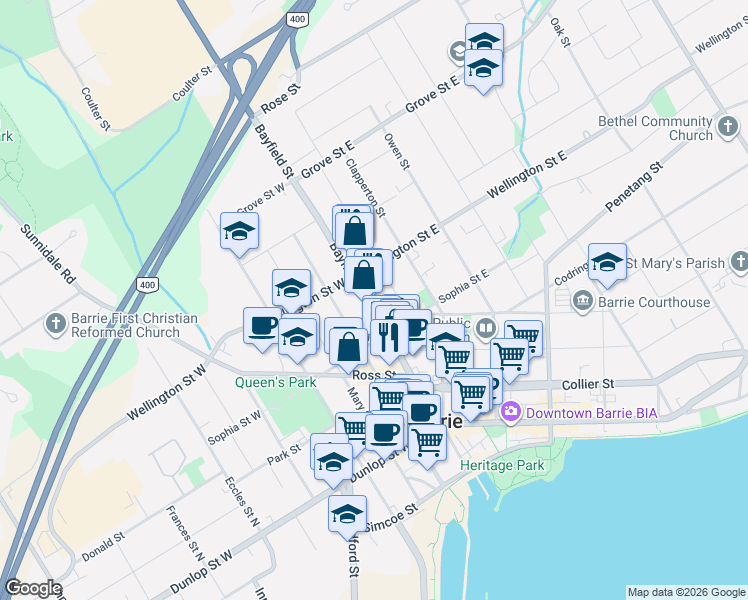 map of restaurants, bars, coffee shops, grocery stores, and more near 135 Bayfield Street in Barrie