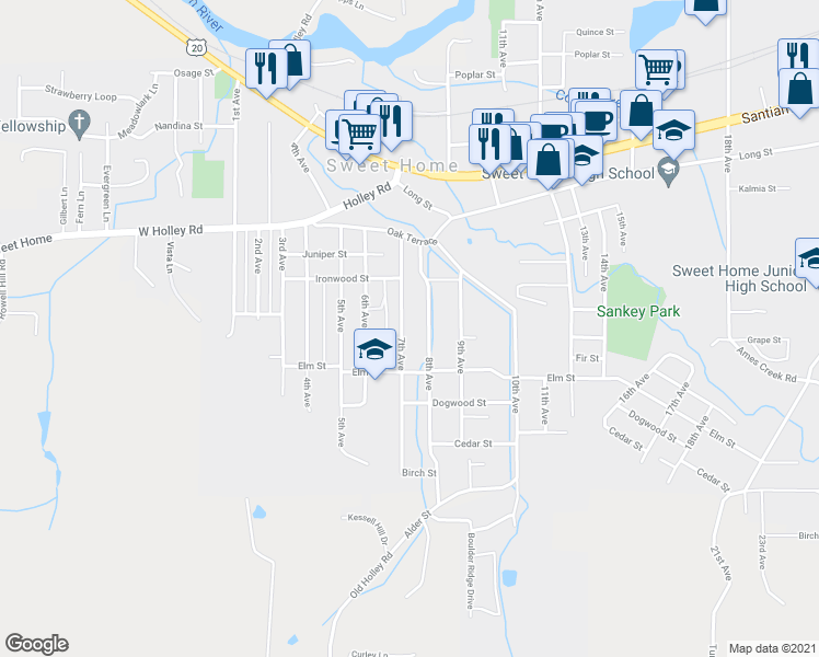 map of restaurants, bars, coffee shops, grocery stores, and more near 647 7th Avenue in Sweet Home