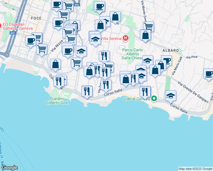 map of restaurants, bars, coffee shops, grocery stores, and more near in Genoa