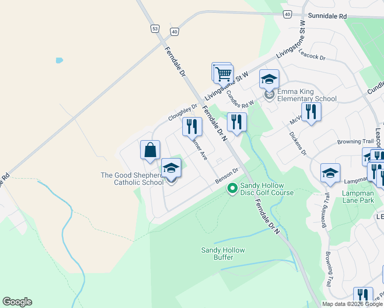 map of restaurants, bars, coffee shops, grocery stores, and more near 77 Hodgson Drive in Barrie
