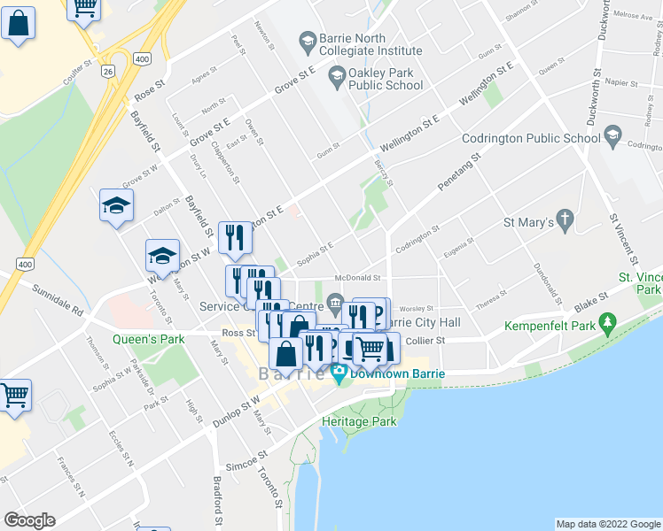 map of restaurants, bars, coffee shops, grocery stores, and more near 82 Owen Street in Barrie