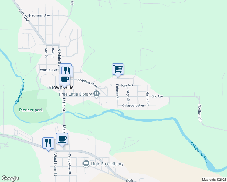 map of restaurants, bars, coffee shops, grocery stores, and more near 402 Kirk Avenue in Brownsville